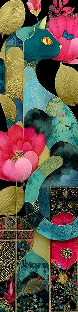 Cat bookmarks featuring a blue cat with red flowers